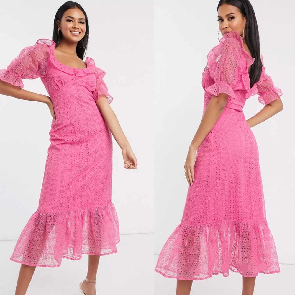 ASOS Eyelet Embroidered Puff Sleeve Organza Maxi Dress